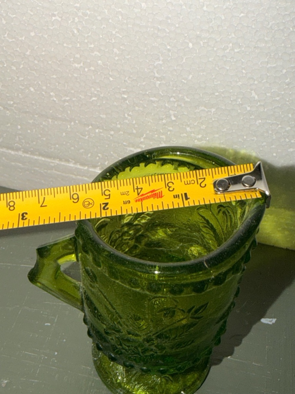 VTG Emerald Green Glass Creamer Pretty Raised Design 3.5" Toothpick Holder - Picture 4 of 4